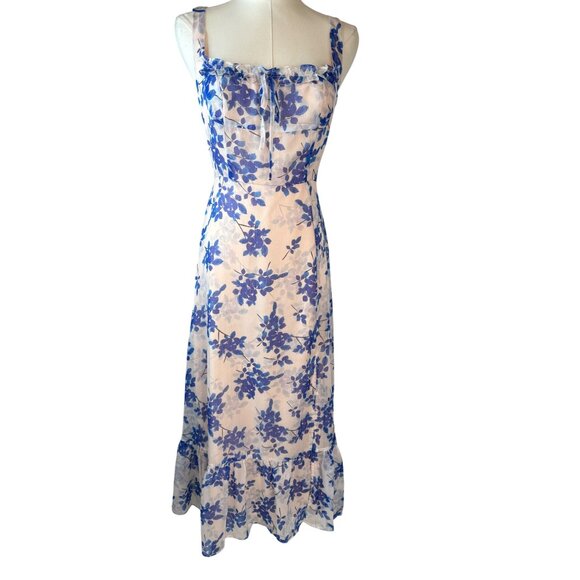 NWT ASTR The Label Medium Blush Peach/Pink Cobalt Floral Midi Dress Lightweight - Picture 3 of 16